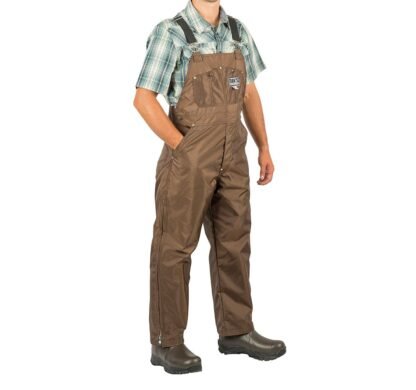 Made in U.S.A. Dan's bibs are briar proof and feature 24" heavy duty leg zippers, fly with snap closure, rivets on all stress points, button side fasteners, adjustable elastic shoulder straps with top quality metal fasteners and large chest pockets with snap closures.