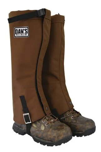 Brown briarproof snake gaiters with adjustable straps and Velcro closure