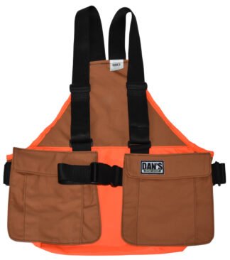 For small game & upland bird hunters • Designed for warm weather • Adjustable shoulder and side straps • Built-in 300sq. in. orange waterproof game bag • 2 cargo pockets with shell loops • 10.10oz Army Duck shell • 400 Denier Nylon (orange accents) New! Upland Strap Vest FEATURES FABRIC Item # Item Name Sizes Colors 434 Upland Strap Vest One Size Orange Made in USA with some imported components