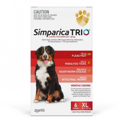 Simparica TRIO provides triple action protection from fleas, ticks, intestinal worms and deadly heartworm in a tasty liver flavoured monthly chew.