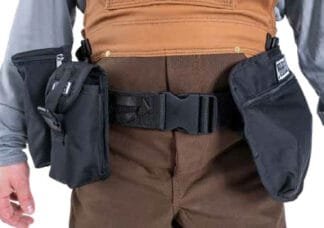Heavy‑duty tactical hunting belt with MOLLE system, padded Garmin and thermal pouches, water bottle pouch, and cargo pouch.